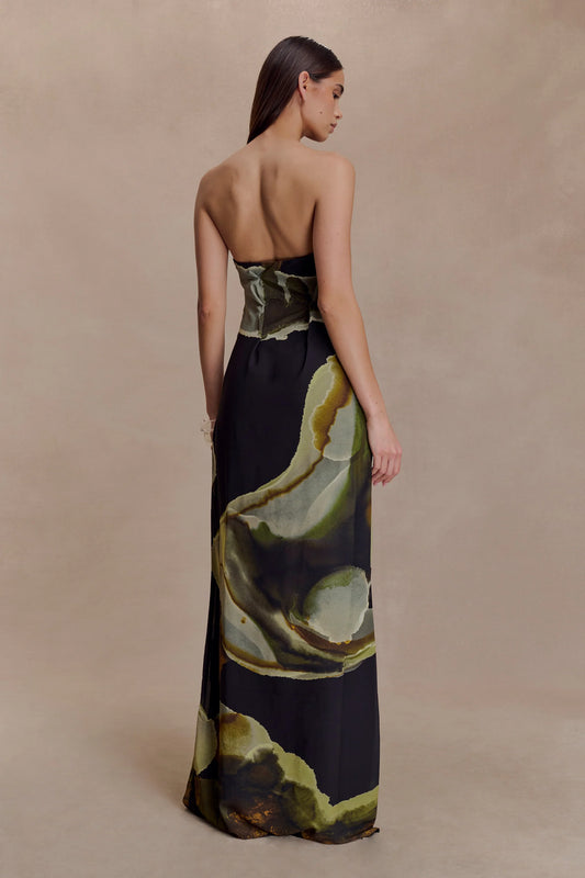 Meshki - Amaya Strapless Chiffon Maxi Dress - Green Fluid Reverie