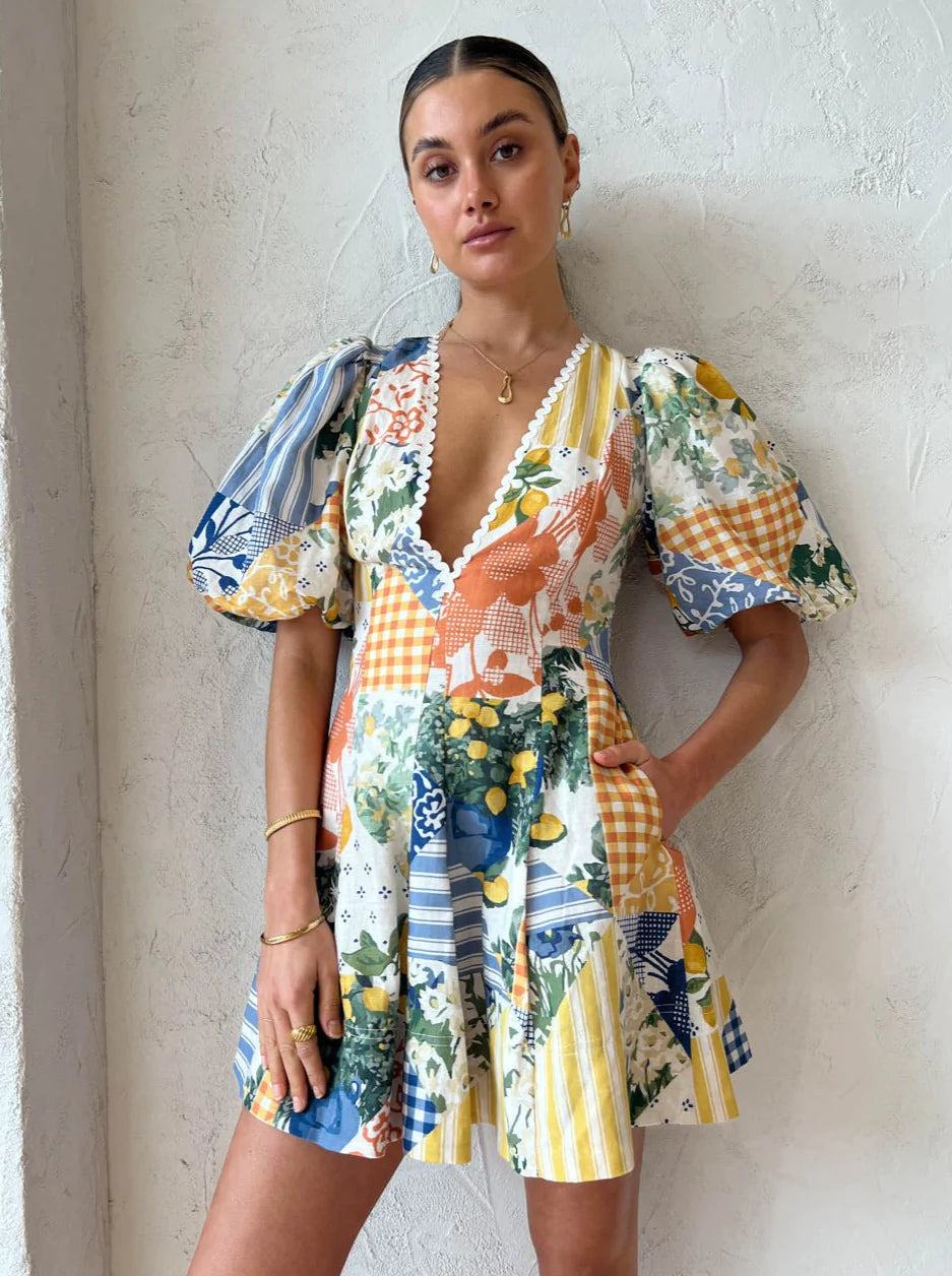 By Nicola - Wavy Mini Dress In Lemon Patchwork