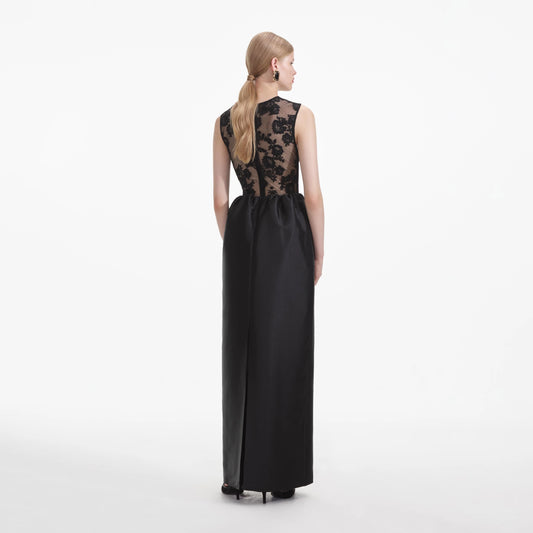 Self-Portrait - Lace-trim Taffeta Maxi Dress - Black
