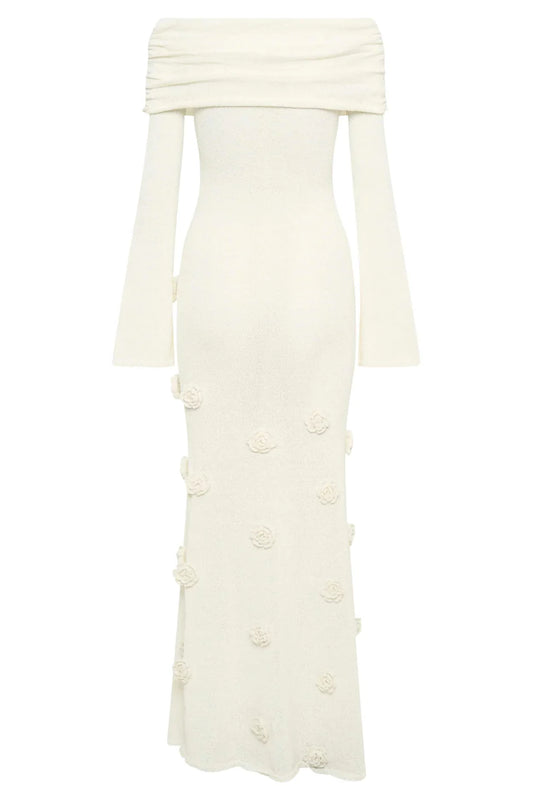 Meshki - Kiki Off Shoulder Knit Rose Maxi Dress - Ivory