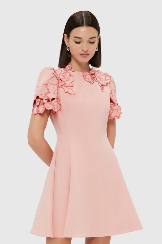 Leo Lin "Elyse" Appliqué Short Sleeve Mini Dress - Light Rose