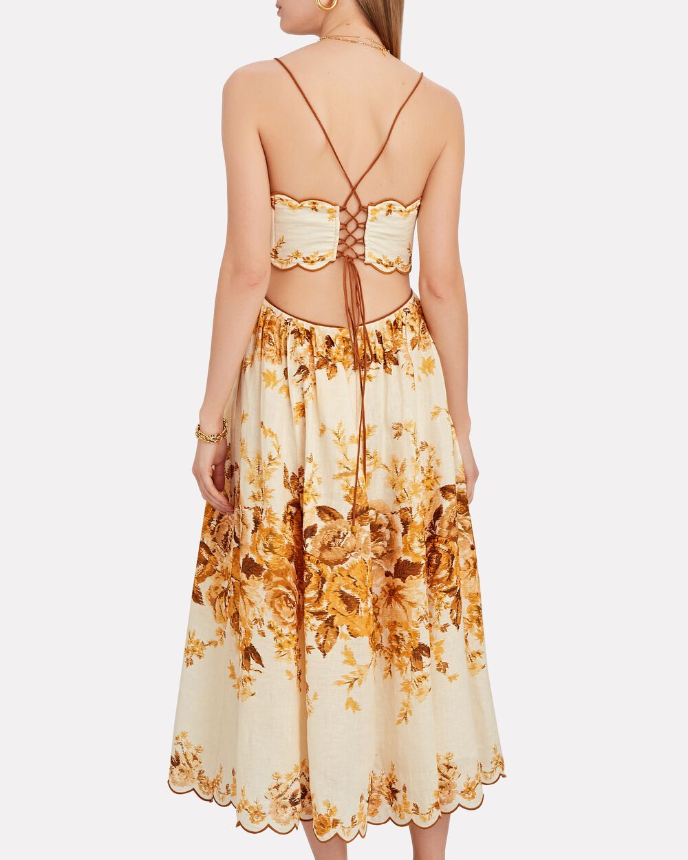 aliane scallop midi dress NWOT Zimmermann Aliane Scallop Linen Amber Floral Open Back Midi Dress AU3 L