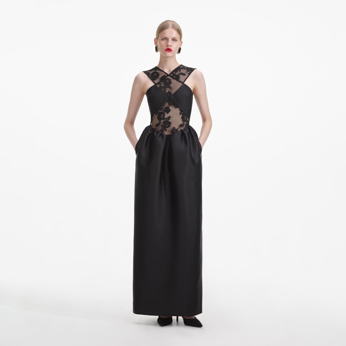 Self-Portrait - Lace-trim Taffeta Maxi Dress - Black