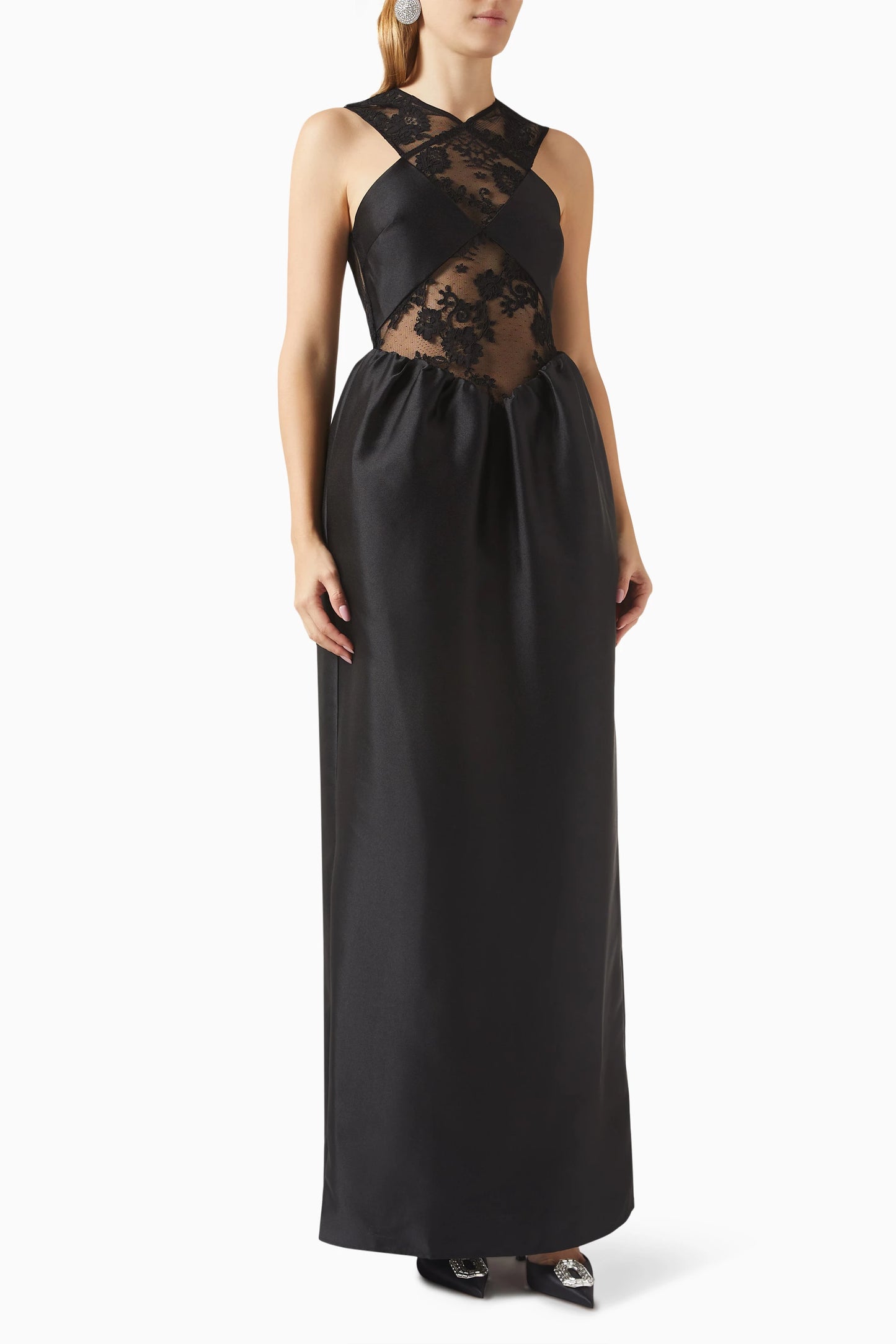 Self-Portrait - Lace-trim Taffeta Maxi Dress - Black