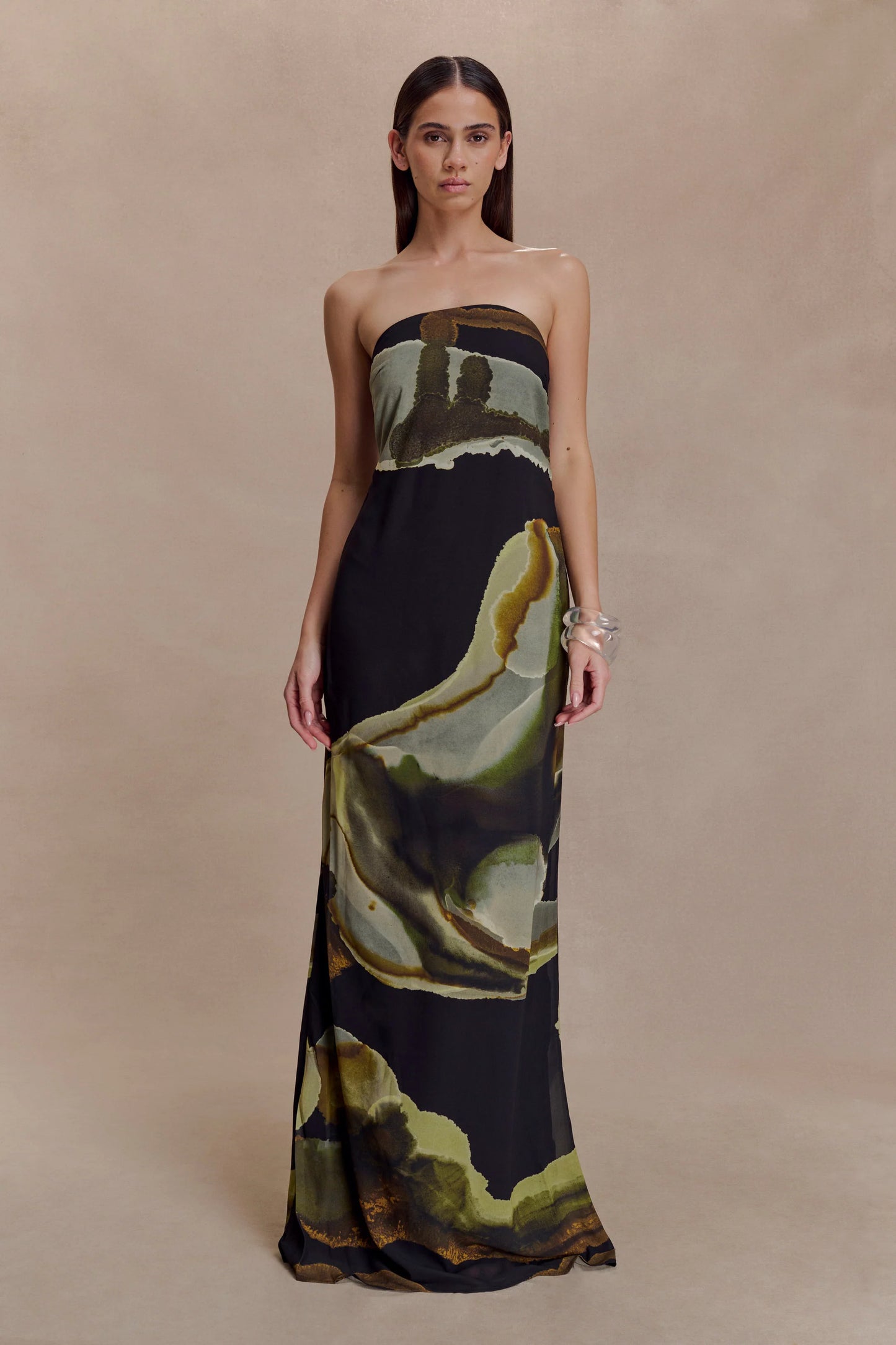 Meshki - Amaya Strapless Chiffon Maxi Dress - Green Fluid Reverie