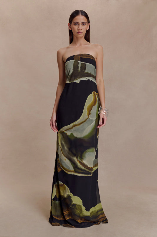 Meshki - Amaya Strapless Chiffon Maxi Dress - Green Fluid Reverie