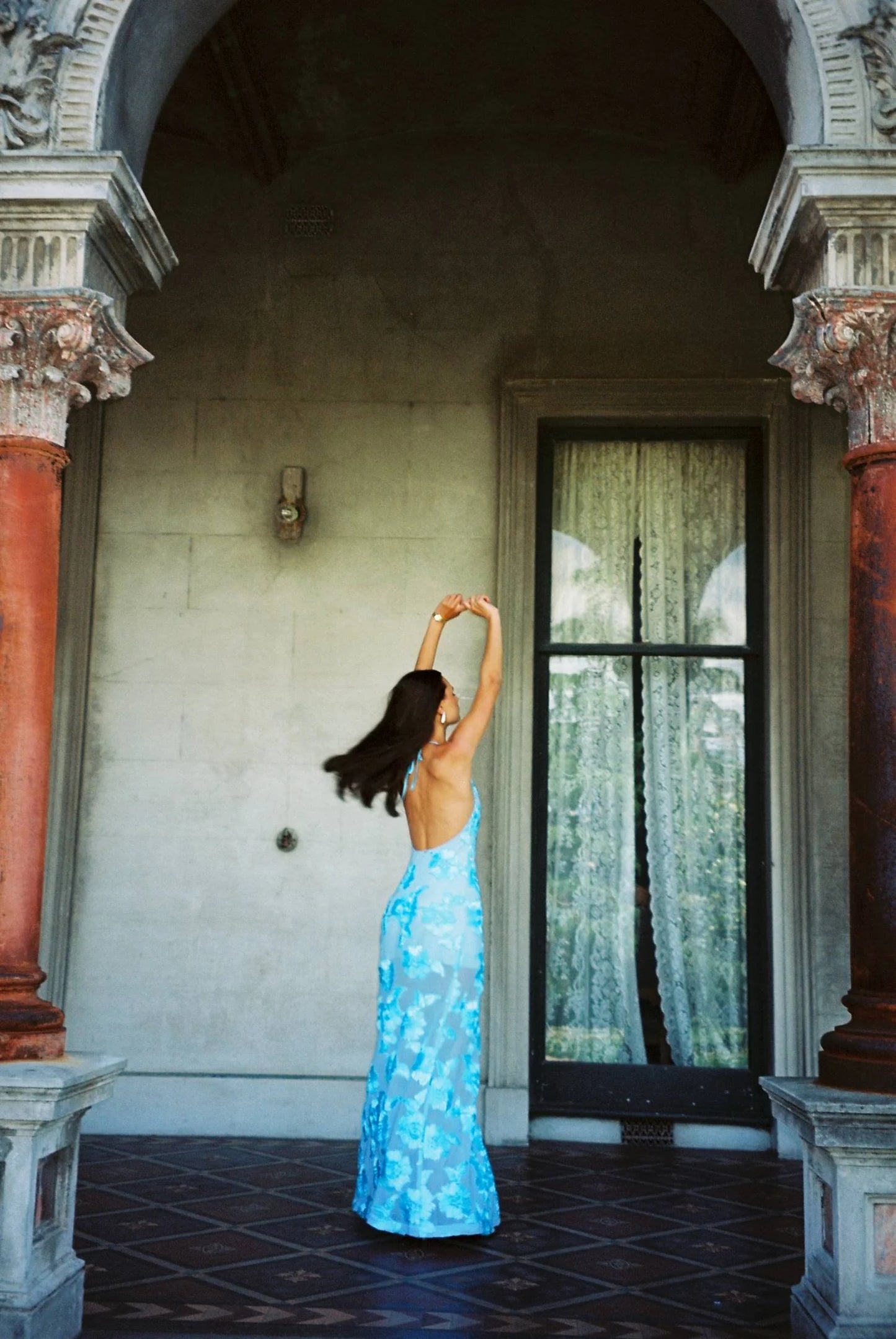 With Harper Lu - Embellished Backless Maxi Dress - Baby Blue