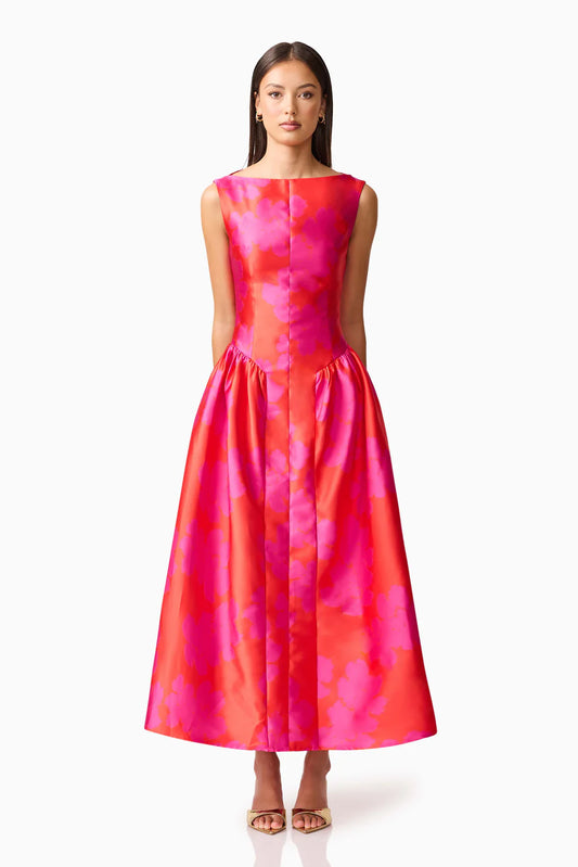 Elliat - Eloise A-Line Midi Dress in Pink & Red