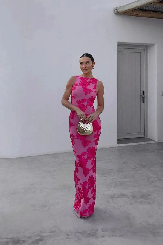 ZOE - Floral Embroidered Sleeveless Evening Maxi Dress