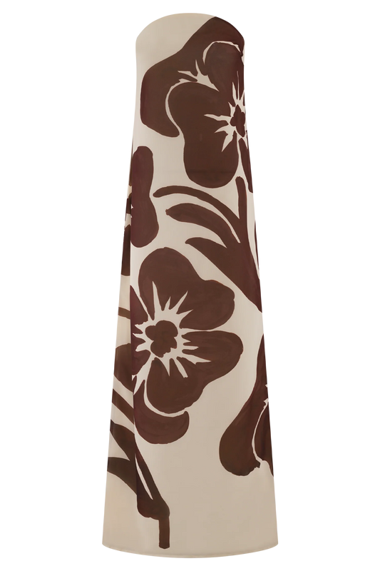 Amaya Strapless Chiffon Maxi Dress - Brown Deco Fleur Print