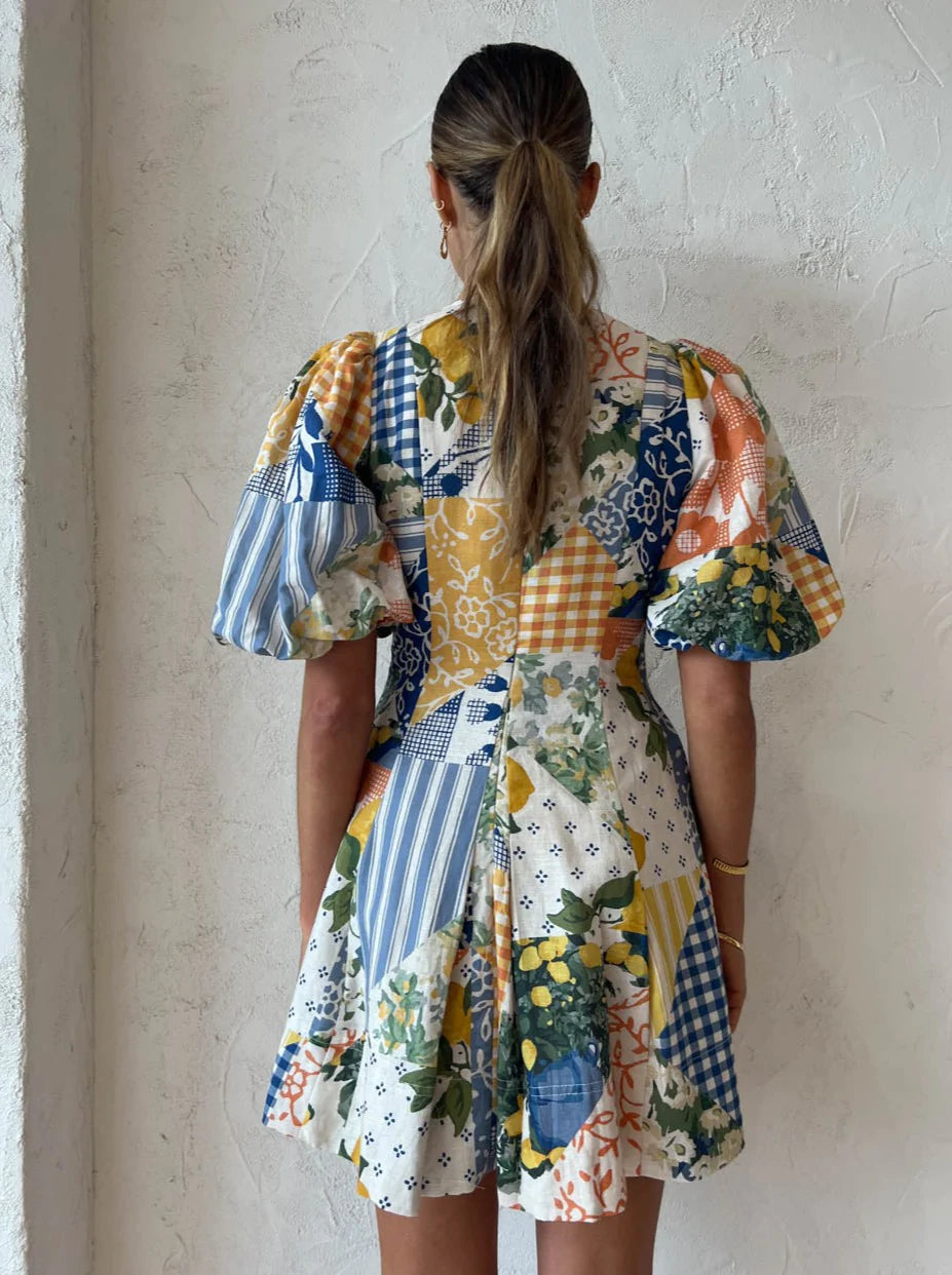 By Nicola - Wavy Mini Dress In Lemon Patchwork