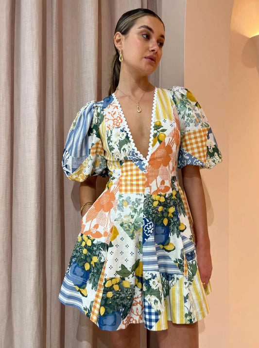 By Nicola - Wavy Mini Dress In Lemon Patchwork