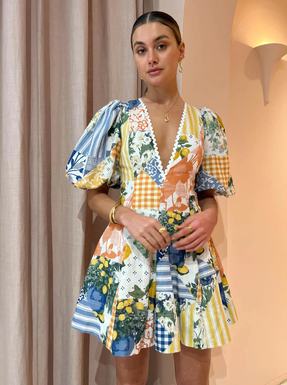 By Nicola - Wavy Mini Dress In Lemon Patchwork