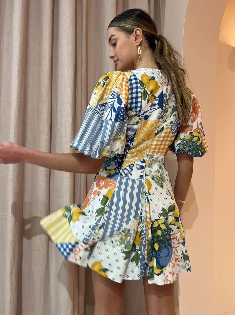 By Nicola - Wavy Mini Dress In Lemon Patchwork