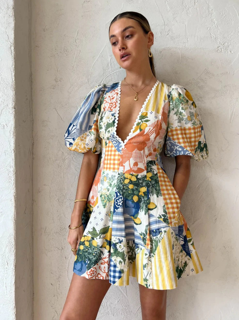 By Nicola - Wavy Mini Dress In Lemon Patchwork