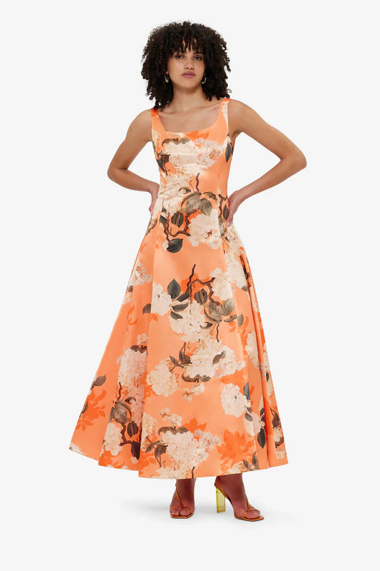 Leo Lin - Charlotte Maxi Dress - Hydrangea Print in Tangerine