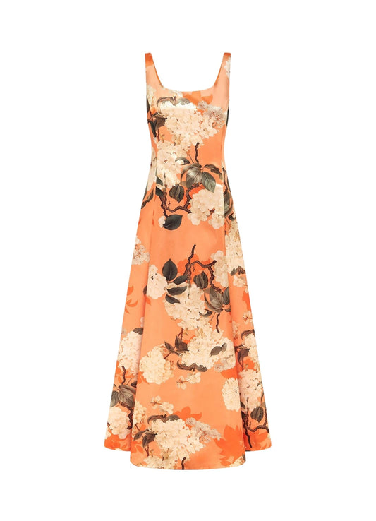 Leo Lin - Charlotte Maxi Dress - Hydrangea Print in Tangerine