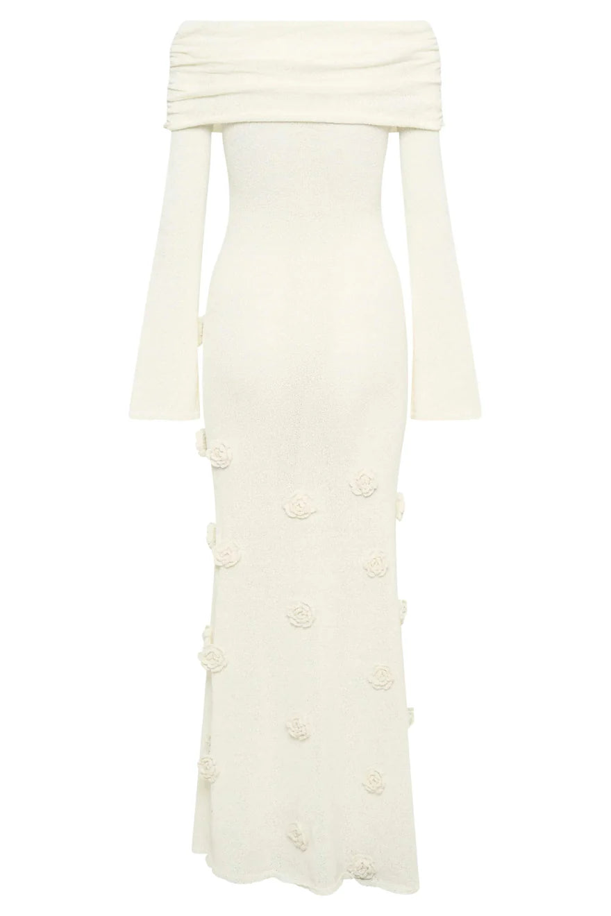 Meshki - Kiki Off Shoulder Knit Rose Maxi Dress - Ivory No Strings Dress Hire Meshki - Kiki Off Shoulder Knit Rose Maxi Dress - Ivory No Strings Dress Hire