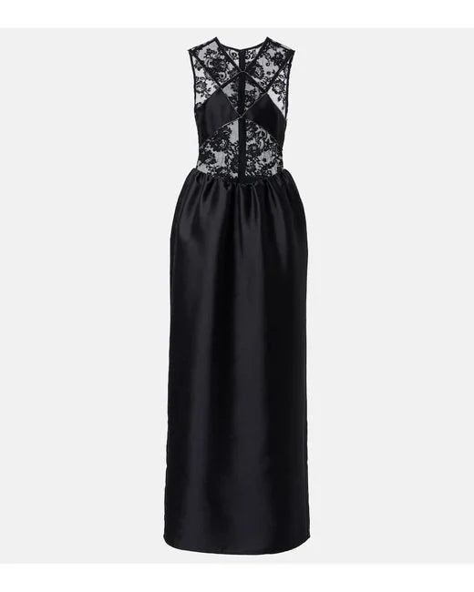 Self-Portrait - Lace-trim Taffeta Maxi Dress - Black