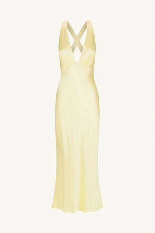 Shona Joy - La Lune Plunged Cross Back Midi Dress in Lemon